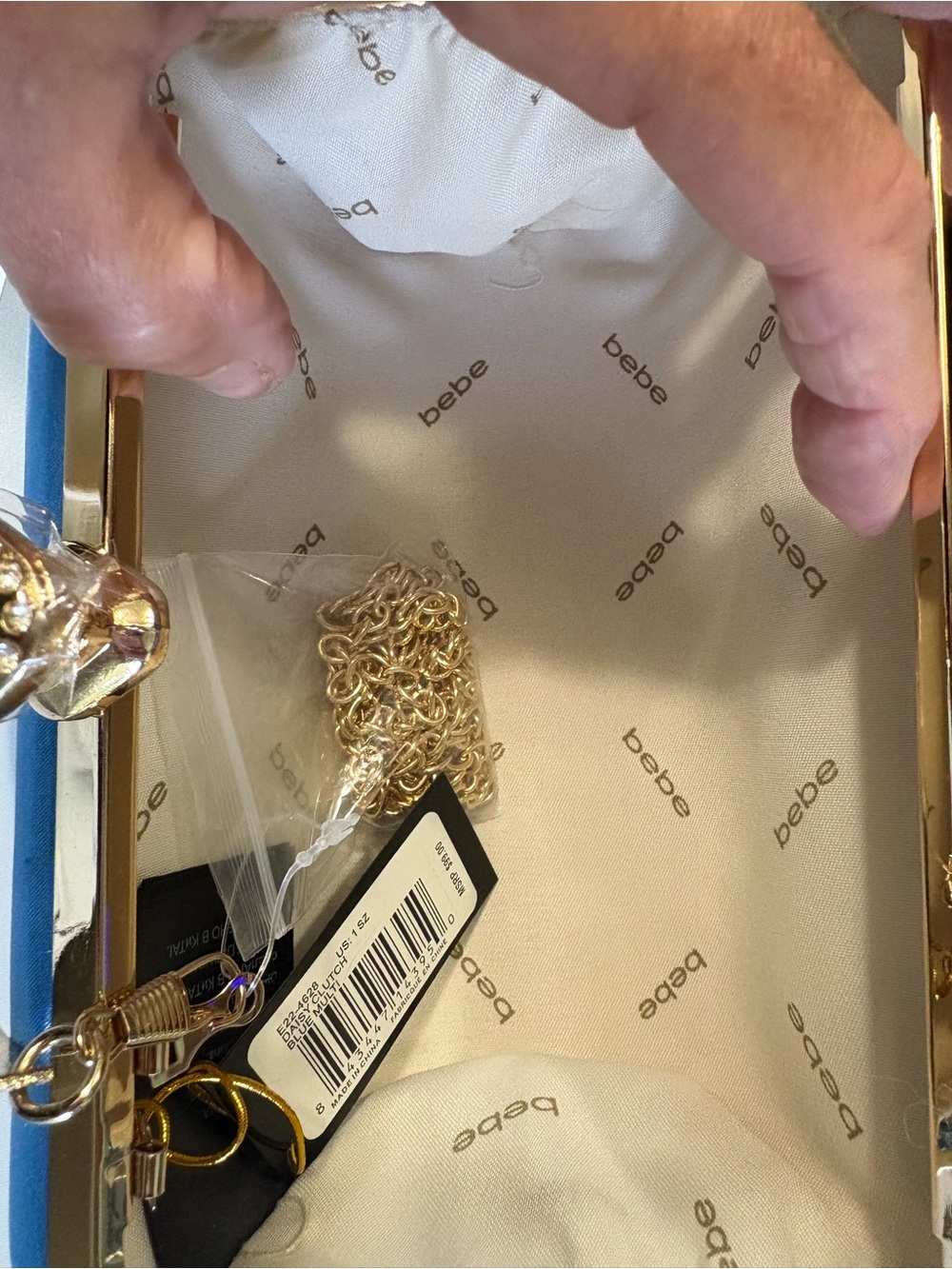 bebe Blue Floral Sequin Evening Clutch with Gold Handle - Picture 4 of 8